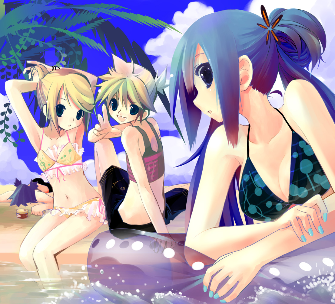 saya (sayaya), hatsune miku, kagamine len, kagamine rin, kaito (vocaloid), vocaloid, bad id, bad pixiv id, 2boys, 2girls, adjusting hair, alternate hair color, armpits, arms behind back, arms behind head, arms up, beach, bikini, blonde hair, blue eyes, blue hair, blue nails, breasts, cleavage, cloud, day, gradient hair, green eyes, innertube, long hair, medium breasts, multicolored hair, multiple boys, multiple girls, nail polish, outdoors, short hair, sky, swim ring, swimsuit, twintails, water