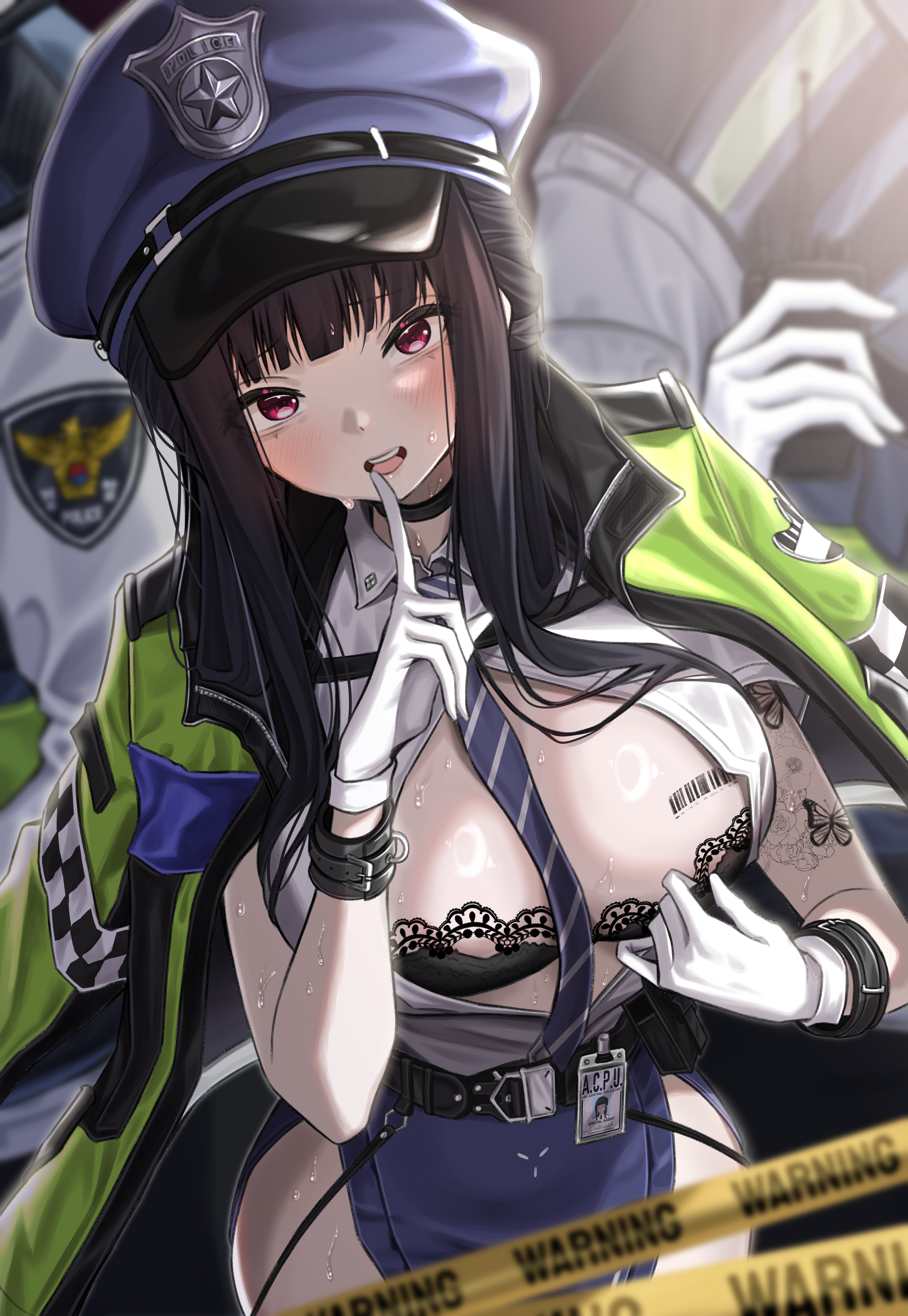 taek, d (killer wife) (nikke), d (killer wife) (secret police) (nikke), d (nikke), goddess of victory: nikke, absurdres, commentary request, highres, 1girl, barcode, barcode tattoo, black bra, black hair, blue necktie, blue skirt, bra, breast tattoo, caution tape, finger to mouth, gloves, hat, long hair, looking at viewer, necktie, official alternate costume, police, police hat, police uniform, policewoman, purple eyes, shirt, shushing, skirt, solo focus, tattoo, underwear, white gloves, white shirt