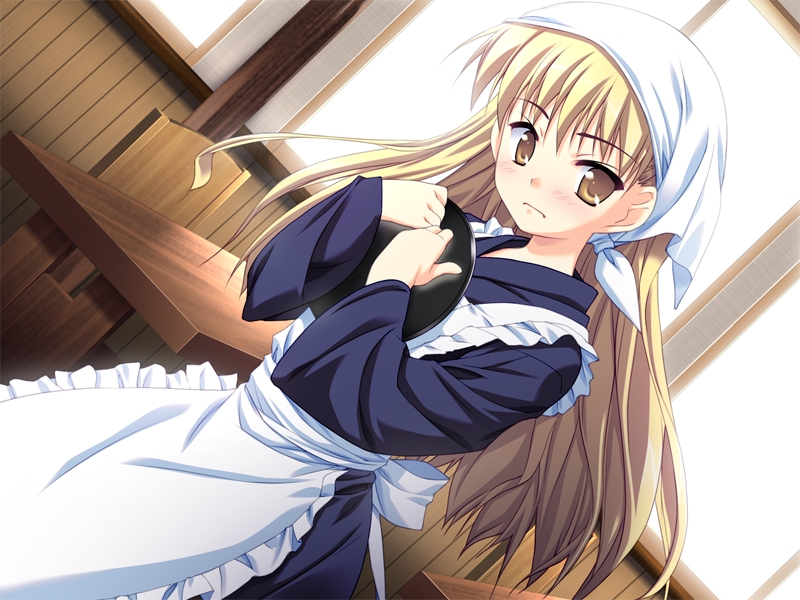 hoshizaki hikaru, ninomiya arisu, backstage (tjr), game cg, non-web source, 1girl, apron, backstage, bandana, blonde hair, blush, dress, dutch angle, female focus, long hair, solo, tray, waitress, yellow eyes