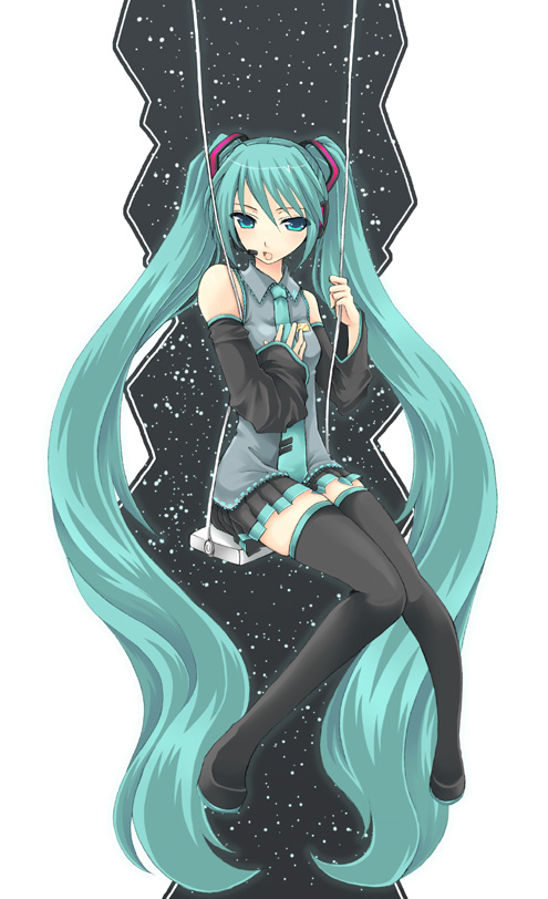sakurai unan, hatsune miku, vocaloid, bad id, bad pixiv id, aqua hair, blue eyes, detached sleeves, long hair, microphone, necktie, on swing, snow, solo, swing, thighhighs, twintails, very long hair, zettai ryouiki