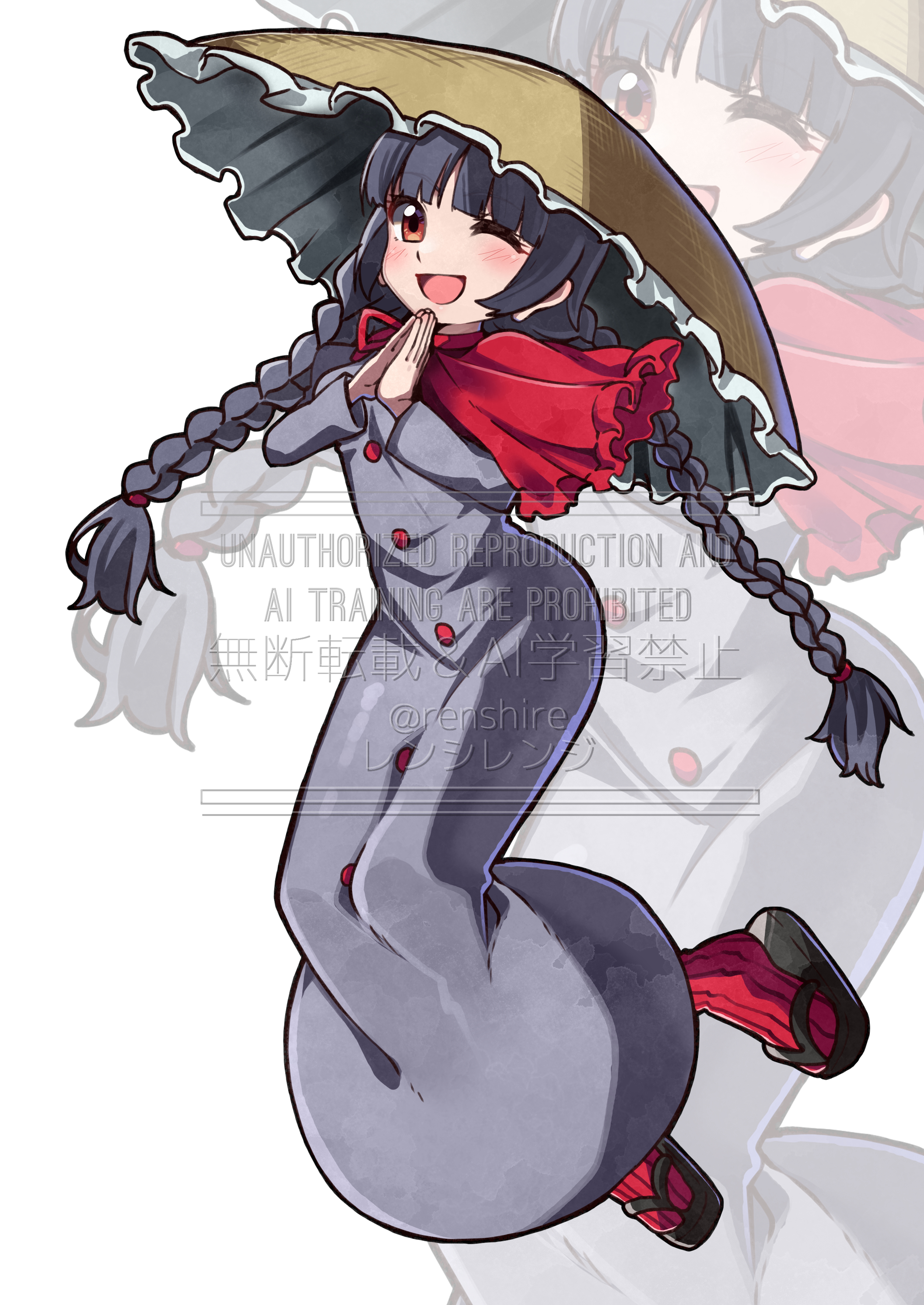 renshirenji, yatadera narumi, touhou, absurdres, highres, 1girl, ajirogasa, black hair, braid, capelet, dress, full body, grey dress, hat, one-hour drawing challenge, one eye closed, open mouth, palms together, red capelet, red eyes, red socks, socks, solo, twin braids