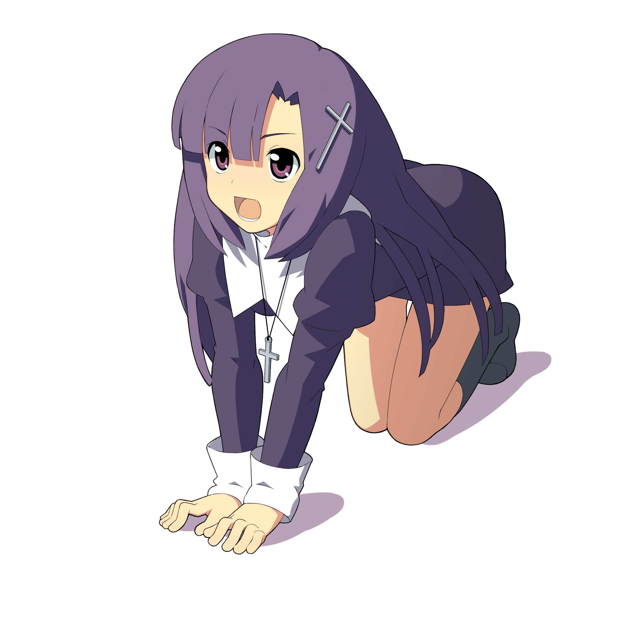 eddi, zange, kannagi, bad id, bad pixiv id, highres, 00s, 1girl, all fours, cross, female focus, long hair, nun, open mouth, purple hair, simple background, skirt, solo, white background