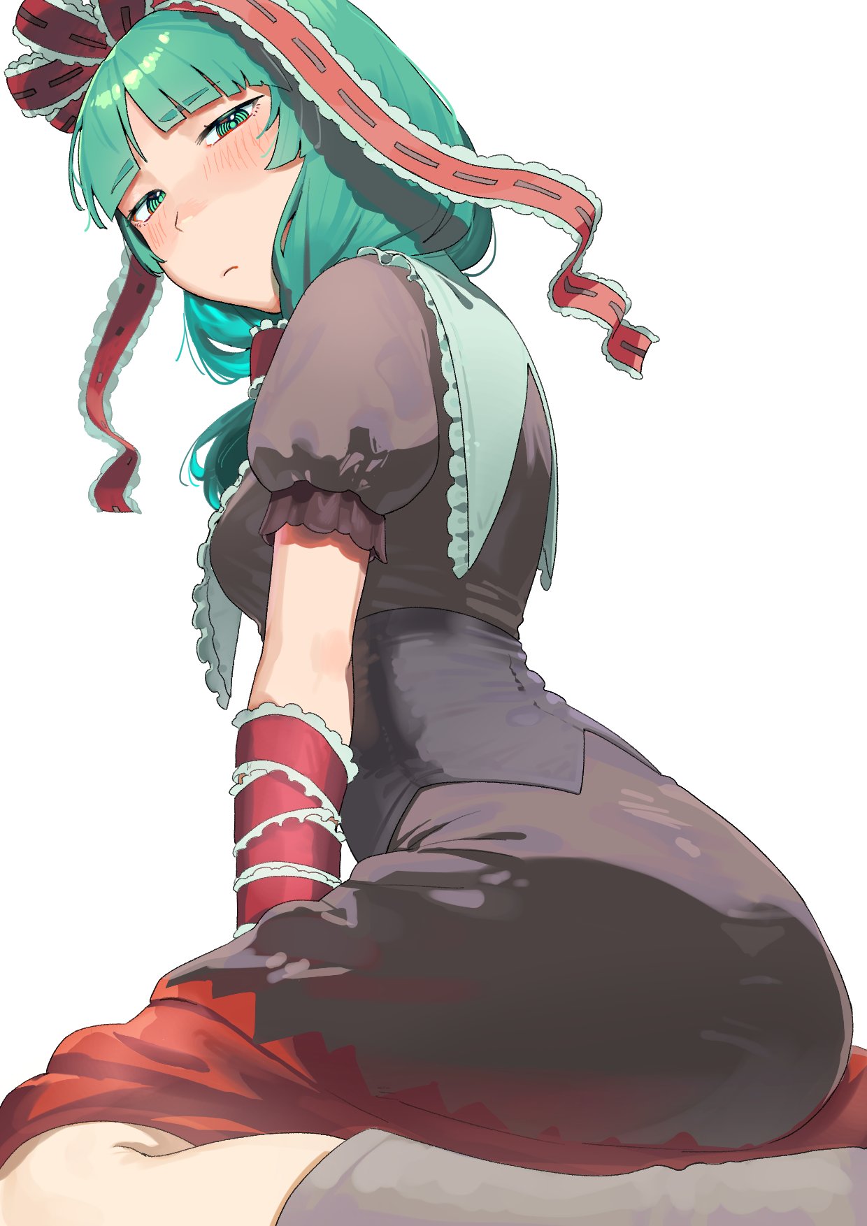 sobayu to tenpura, kagiyama hina, touhou, commentary request, highres, 1girl, blush, boots, breasts, brown dress, capelet, closed mouth, dress, from below, green eyes, green hair, large ribbon, long hair, looking at viewer, medium breasts, red dress, short sleeves, sitting, solo, two-tone dress, wariza, white background, white capelet