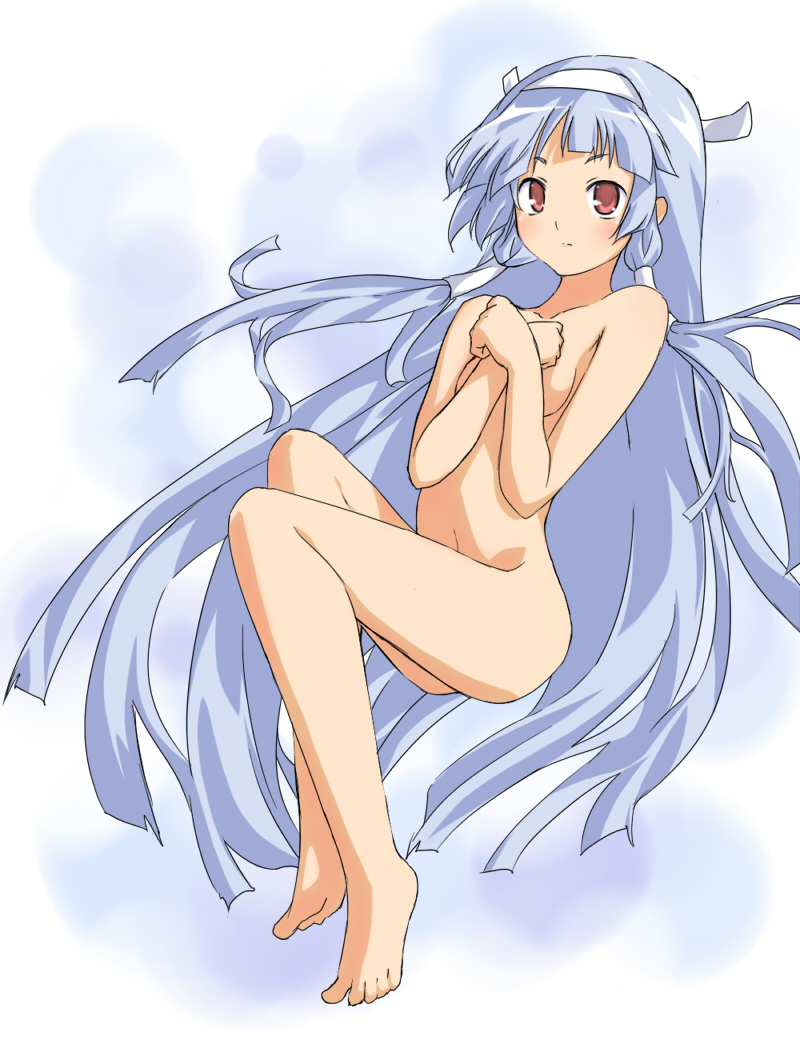 take shinobu, takesinobu, nagi, kannagi, bad id, bad pixiv id, 00s, 1girl, barefoot, blue hair, blunt bangs, feet, female focus, gradient background, hairband, long hair, no bra, nude, solo, very long hair