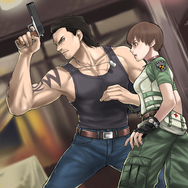 coco-nattou, coco (nattou), billy coen, rebecca chambers, capcom, resident evil, resident evil 0, bad id, bad pixiv id, 1boy, 1girl, brown hair, dog tags, finger on trigger, fingerless gloves, gloves, gun, handgun, petite, pistol, short hair, tattoo, weapon