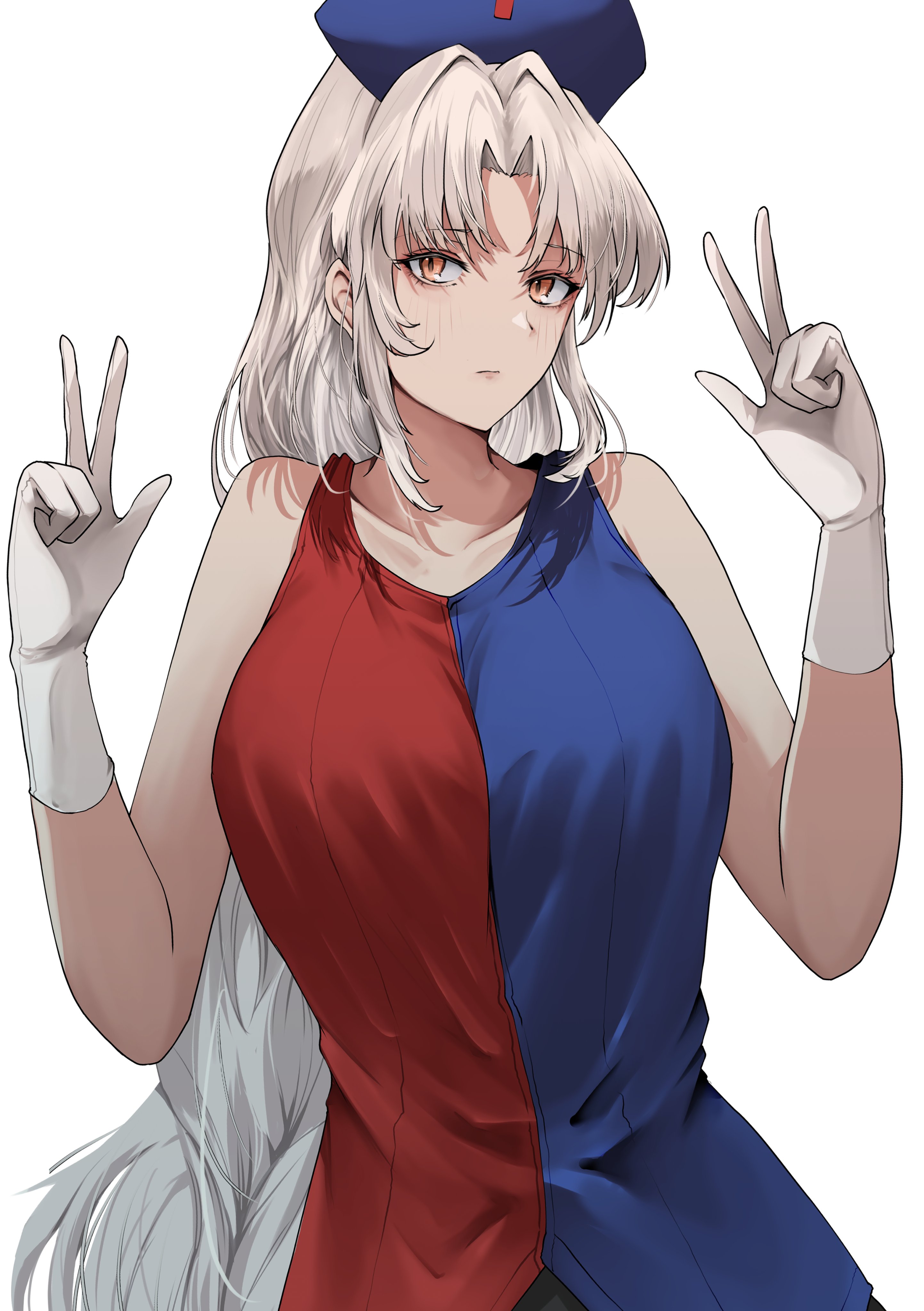 yagoro kusuriya, yagokoro eirin, touhou, absurdres, commentary, highres, 1girl, bare shoulders, blue hat, blue shirt, collarbone, double v, gloves, hat, long hair, looking at viewer, red shirt, shirt, simple background, sleeveless, sleeveless shirt, solo, v, white background, white gloves, white hair