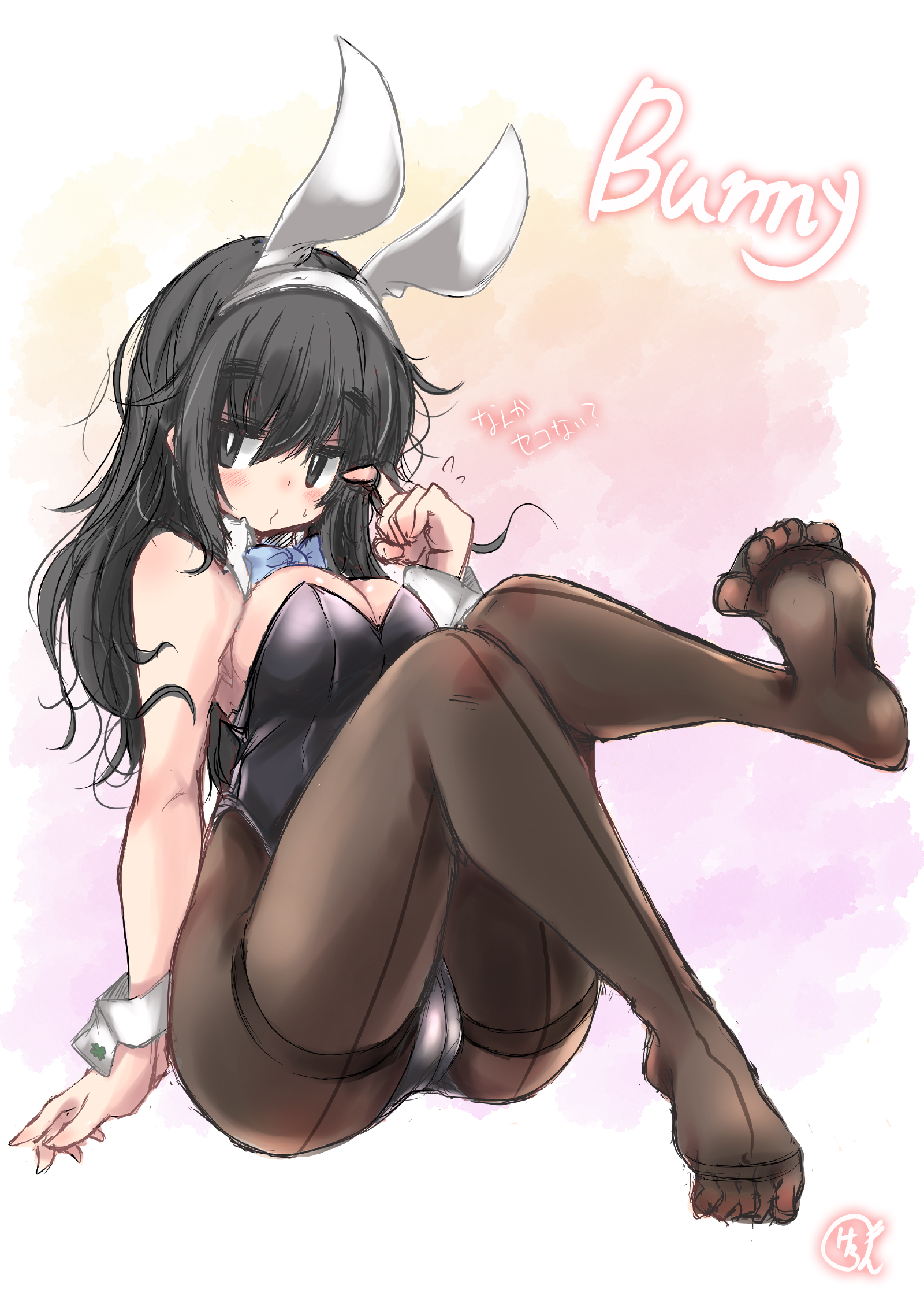 garnet.planet, original, highres, 1girl, animal ear hairband, animal ears, black hair, black leotard, black pantyhose, blue bow, blue bowtie, bow, bowtie, breasts, detached collar, fake animal ears, hairband, large breasts, leotard, long hair, pantyhose, playboy bunny, rabbit ears, solo, strapless, strapless leotard, thighband pantyhose, wrist cuffs