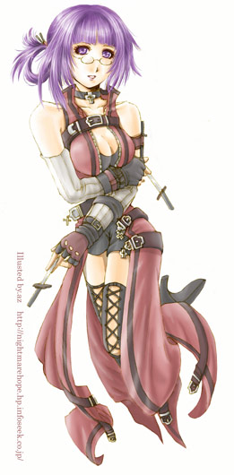 fox (trickster), trickster (ntreev soft), 10s, 1girl, breasts, cleavage, elbow gloves, female focus, fingerless gloves, glasses, gloves, knife, large breasts, purple eyes, purple hair, shorts, solo, thighhighs