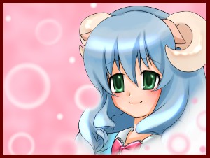 sheep (trickster), trickster (ntreev soft), lowres, 10s, animal ears, blue hair, bow, green eyes, horns, ribbon, sheep ears