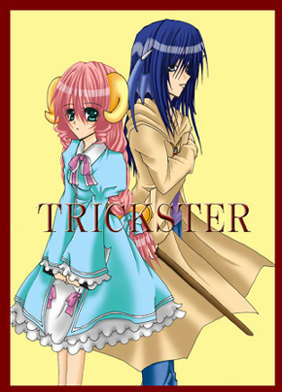 dragon (trickster), sheep (trickster), trickster (ntreev soft), lowres, 10s, blue eyes, blue hair, bow, braid, dress, horns, pink hair, ribbon, twin braids, twintails, watermark, wings
