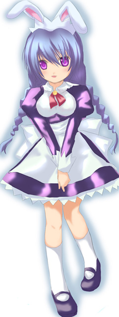 trickster (ntreev soft), 10s, animal ears, blue hair, bow, braid, dress, maid, purple eyes, rabbit ears, ribbon, socks, solo, twin braids, twintails