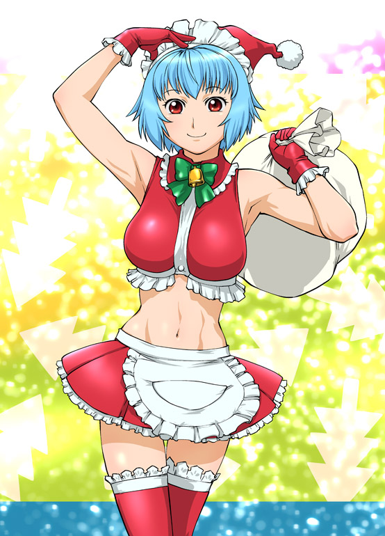 ueyama michirou, dorae tachibana doryayev, tsumanuda fight town, 1girl, bell, blue hair, christmas, female focus, gloves, hat, midriff, miniskirt, navel, red eyes, red gloves, santa costume, short hair, skirt, smile, solo, tank top, thighhighs
