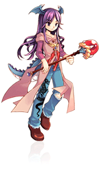 dragon (trickster), trickster (ntreev soft), lowres, 10s, denim, dragon tail, jeans, pants, purple eyes, purple hair, solo, staff, tail, wings