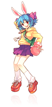 bunny (trickster), trickster (ntreev soft), lowres, 10s, animal ears, backpack, bag, blue hair, boxing gloves, gloves, headband, hood, hoodie, rabbit ears, randoseru, red eyes, skirt, socks, solo