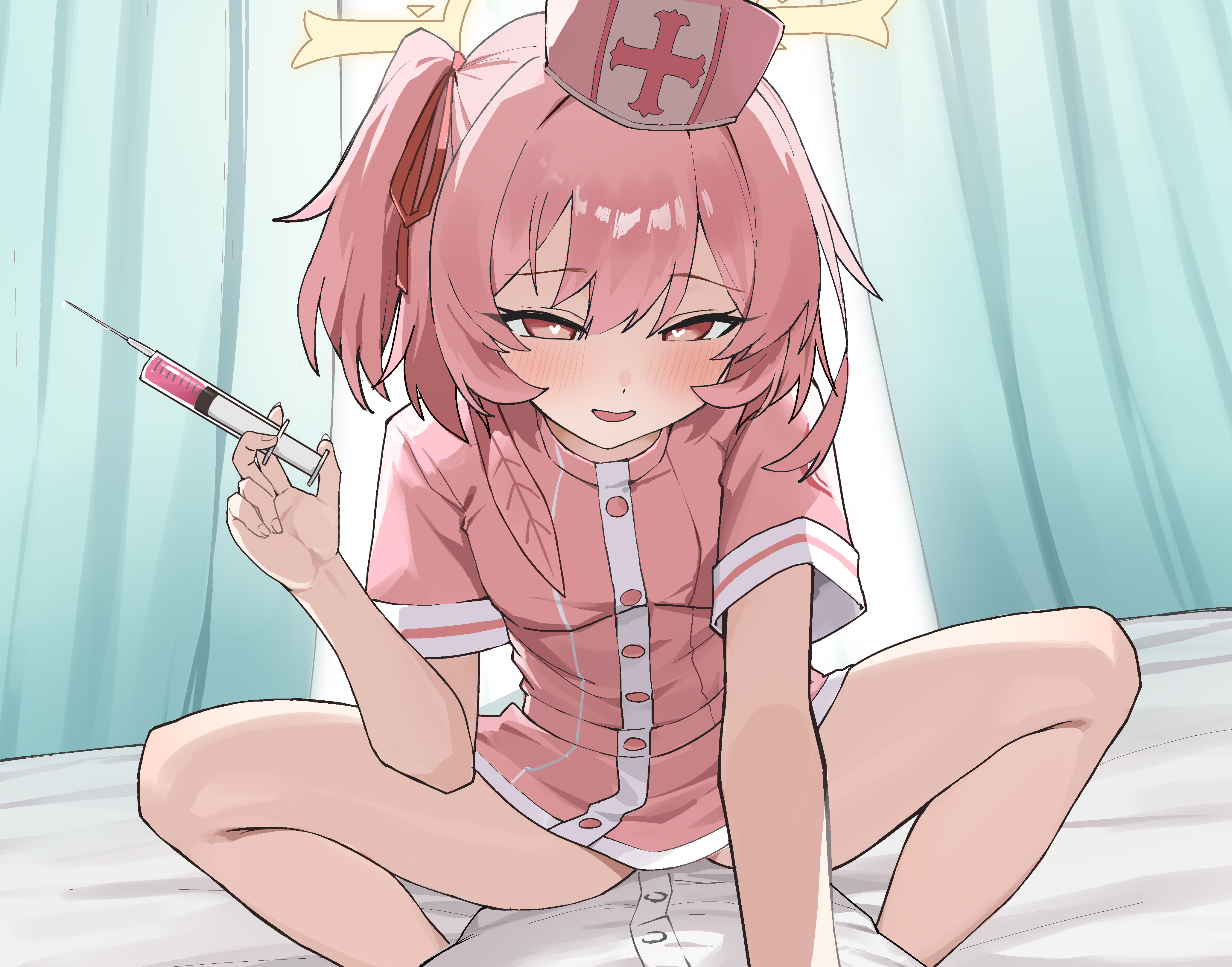 kaminari (edeath), serina (blue archive), blue archive, absurdres, commentary request, highres, 1boy, 1girl, bare legs, blush, breasts, curtains, dress, feathered hair, halo, hat, heart, heart-shaped pupils, hetero, holding, holding syringe, nurse, nurse cap, one side up, pink dress, pink hair, shirt, short sleeves, sitting, sitting on person, small breasts, smile, spread legs, symbol-shaped pupils, syringe, white shirt