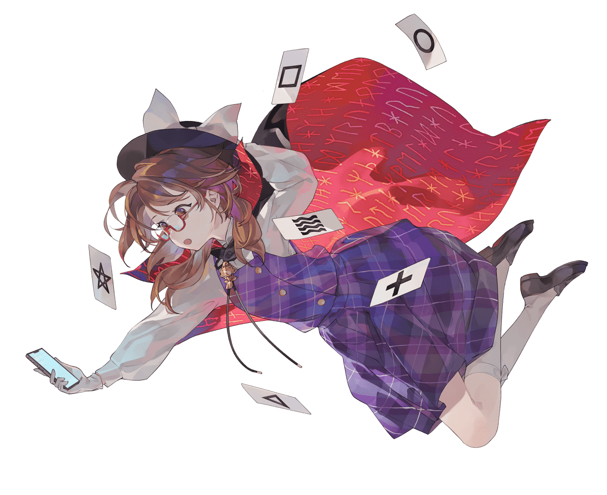 shihou (g-o-s), usami sumireko, touhou, 1girl, black cloak, black hat, black shoes, bow, brown eyes, brown hair, buttons, cellphone, cloak, collared shirt, from side, full body, hand on headwear, hand up, hat, hat bow, holding, holding phone, long sleeves, medium hair, open mouth, outstretched arm, phone, plaid clothes, plaid skirt, plaid vest, purple skirt, purple vest, quimbaya airplane, red-framed eyewear, red cloak, runes, shirt, shoes, skirt, smartphone, socks, solo, transparent background, twintails, two-sided cloak, two-sided fabric, vest, white bow, white shirt, white socks, zener card