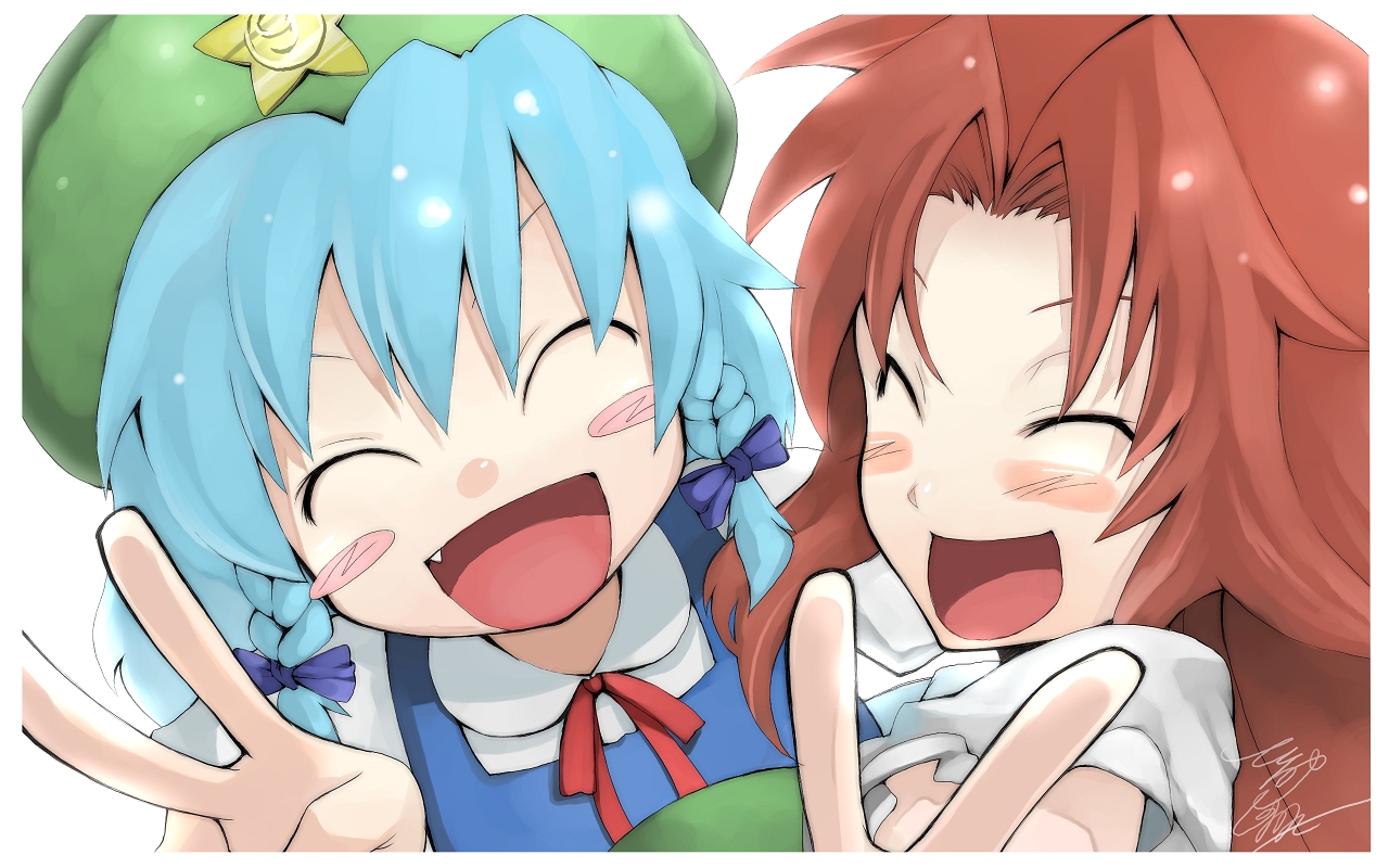 morino hon, cirno, hong meiling, embodiment of scarlet devil, touhou, 2girls, :d, ^ ^, alternate hairstyle, beret, blush, blush stickers, borrowed clothes, braid, circled 9, closed eyes, fang, female focus, friends, hair intakes, happy, hat, headwear switch, multiple girls, open mouth, smile, star (symbol), twin braids, v