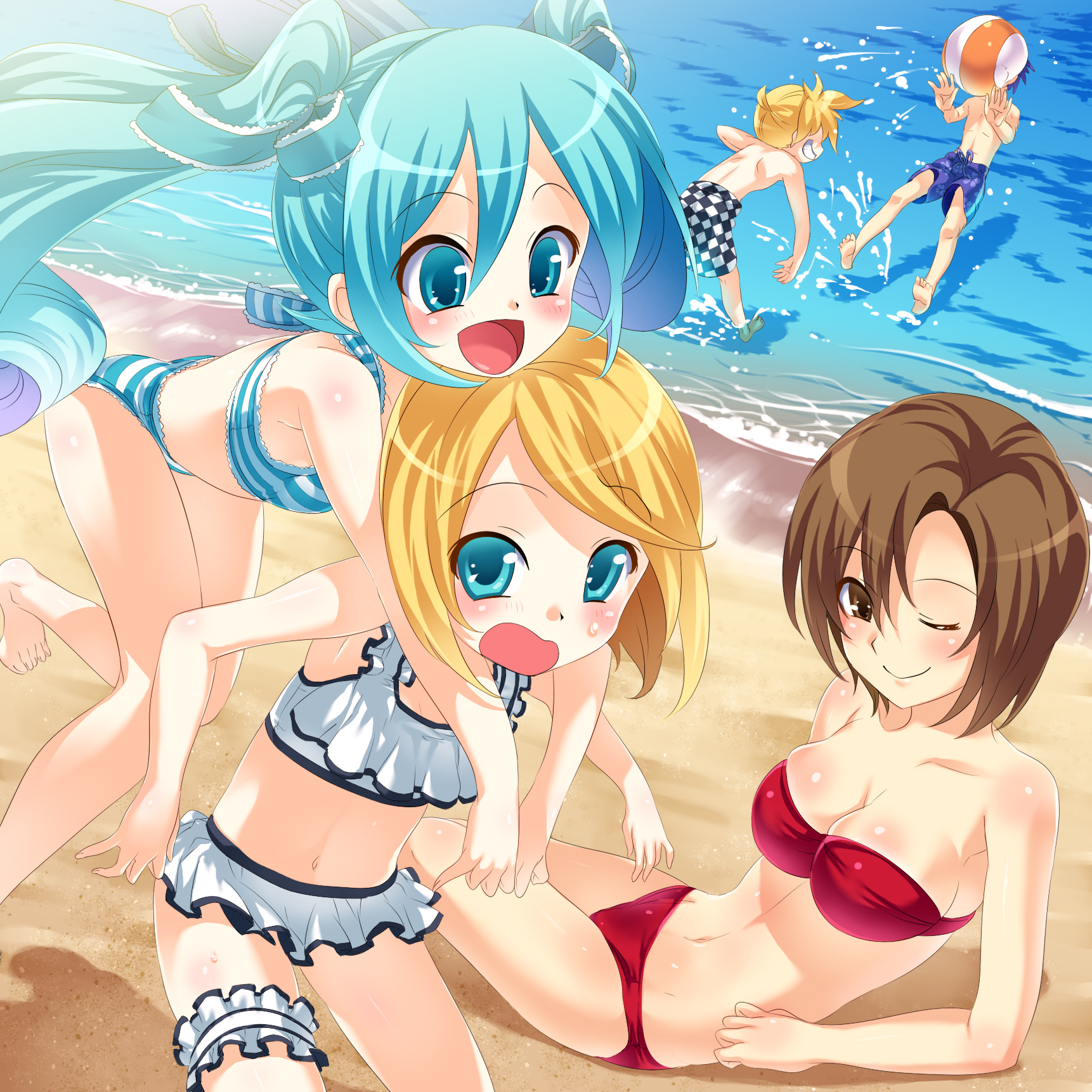 hisasi, hatsune miku, kagamine len, kagamine rin, kaito (vocaloid), meiko (vocaloid), vocaloid, highres, 2boys, 3girls, :d, aqua eyes, aqua hair, ball, barefoot, beach, beachball, bikini, blonde hair, blue hair, blush, brown eyes, brown hair, day, frilled thigh strap, hug, hug from behind, long hair, multiple boys, multiple girls, navel, one eye closed, open mouth, outdoors, red bikini, short hair, smile, striped bikini, striped clothes, swimsuit, thigh strap, twintails, water, wink, yamaha