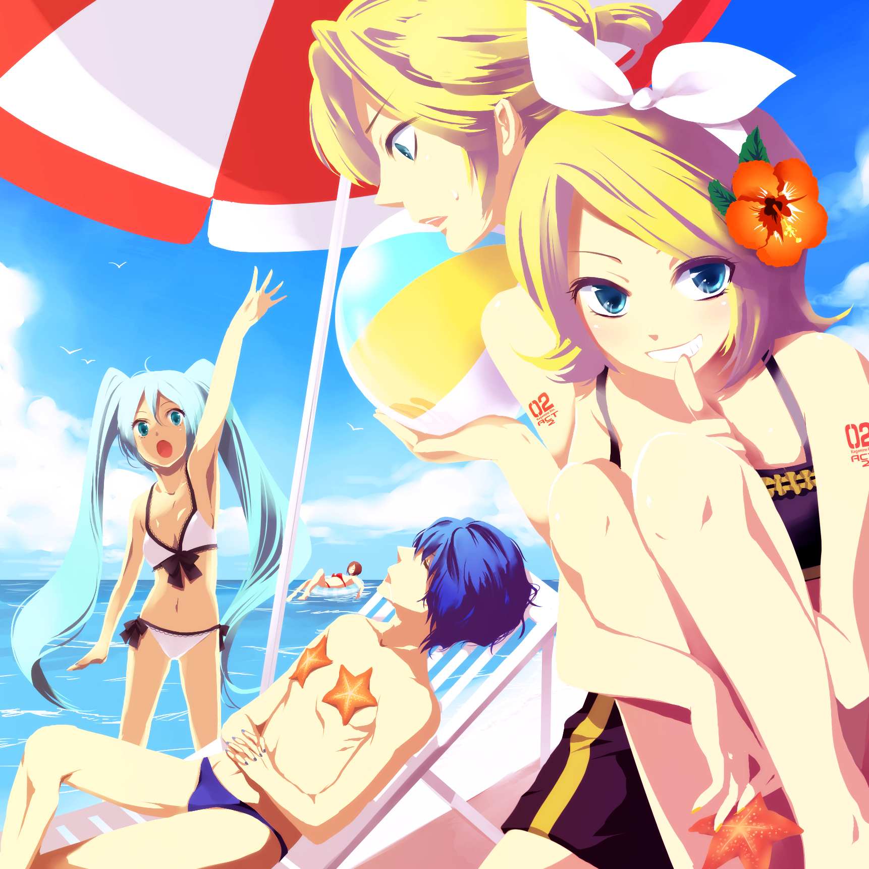 inko (mini), hatsune miku, kagamine len, kagamine rin, kaito (vocaloid), meiko (vocaloid), vocaloid, bad id, bad piapro id, highres, 2boys, 3girls, aqua eyes, aqua hair, ball, beach, beachball, bikini, bird, blonde hair, blue eyes, blue hair, cloud, day, flower, hair flower, hair ornament, hibiscus, innertube, long hair, multiple boys, multiple girls, outdoors, short hair, side-tie bikini bottom, sky, starfish, swim ring, swimsuit, twintails, umbrella, very long hair, water, waving