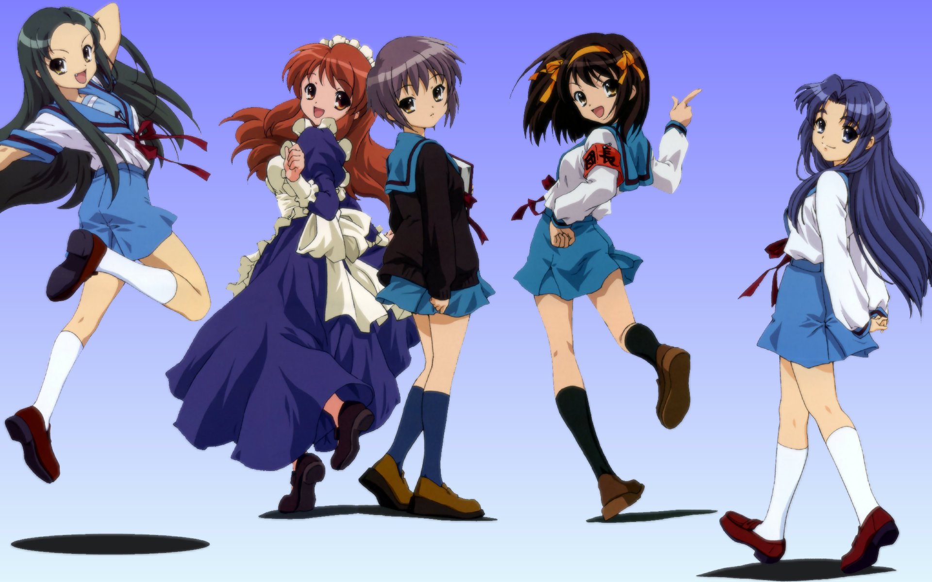 asahina mikuru, asakura ryoko, nagato yuki, suzumiya haruhi, tsuruya, suzumiya haruhi no yuuutsu, highres, jpeg artifacts, non-web source, 00s, 5girls, cardigan, maid, multiple girls, school uniform