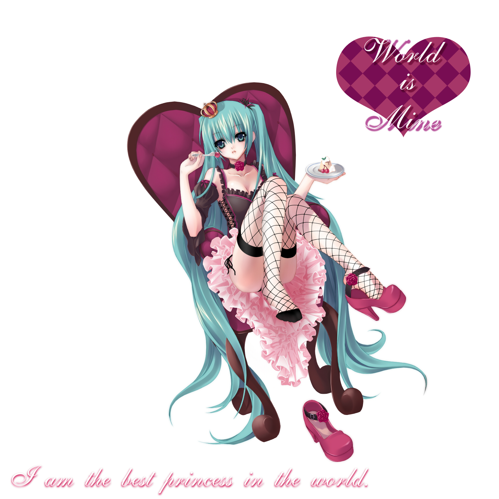 nana mikoto, hatsune miku, vocaloid, world is mine (vocaloid), platform footwear, bad id, bad piapro id, highres, aqua eyes, aqua hair, cake, choker, detached sleeves, dress, fishnet thighhighs, fishnets, flower, food, high heels, long hair, pastry, platform heels, platform shoes, rose, shoe dangle, shoes, single shoe, sitting, solo, thighhighs, twintails, very long hair