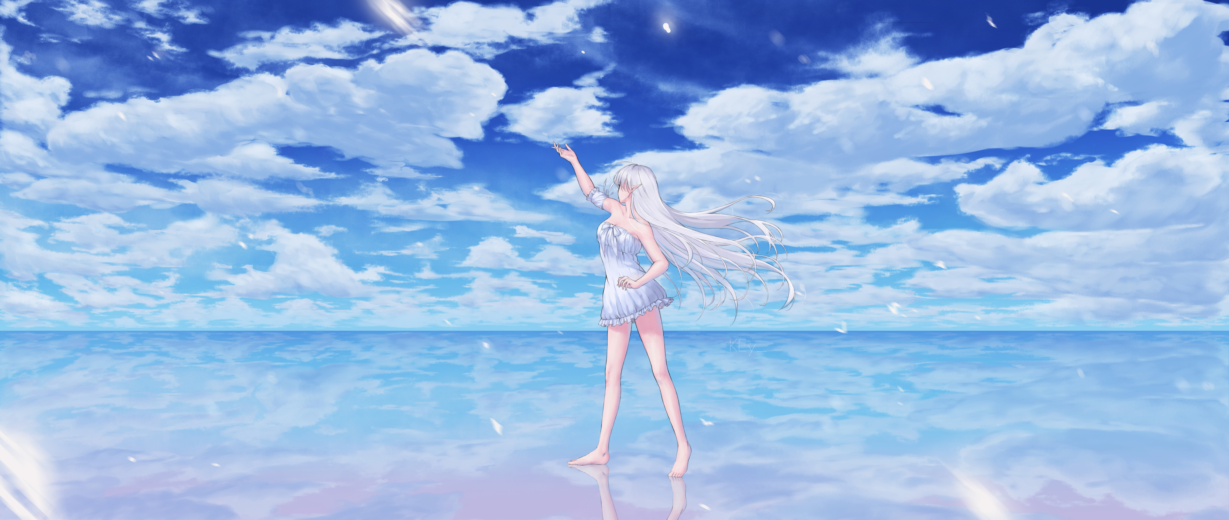 original, absurdres, commentary, english commentary, highres, 1girl, anissa047, arm up, bare shoulders, barefoot, blue sky, cloud, detached sleeves, dress, long hair, pointy ears, sky, sleeveless, sleeveless dress, solo, white dress, white hair