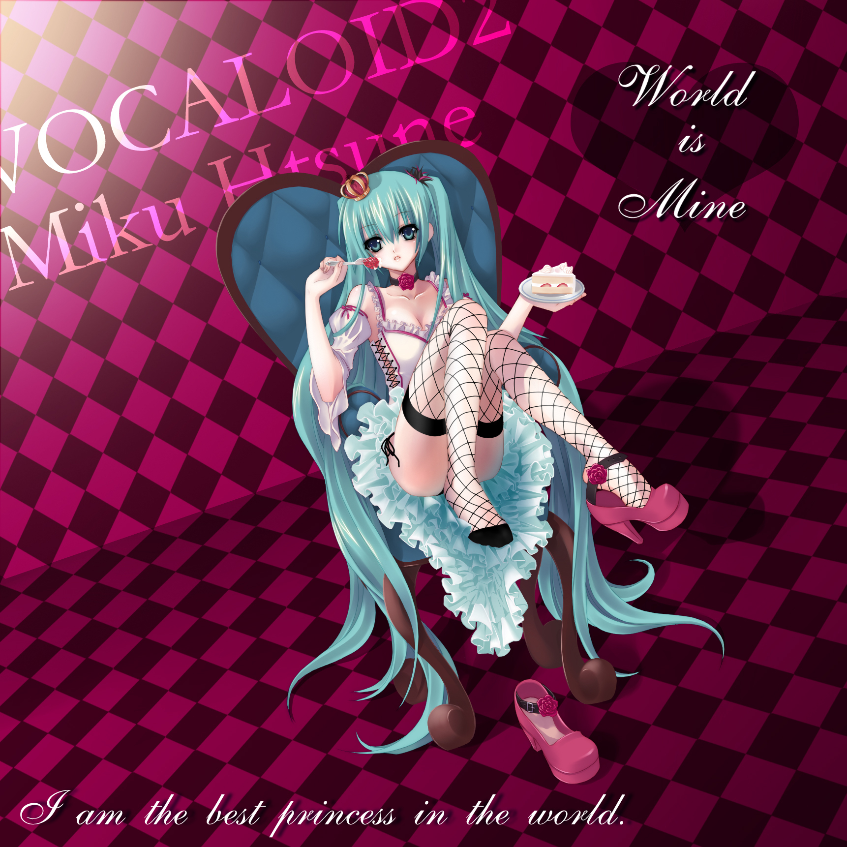 nana mikoto, hatsune miku, vocaloid, world is mine (vocaloid), platform footwear, bad id, bad piapro id, highres, aqua eyes, aqua hair, cake, choker, detached sleeves, dress, fishnet thighhighs, fishnets, flower, food, high heels, long hair, pastry, platform heels, platform shoes, rose, shoe dangle, shoes, single shoe, sitting, solo, thighhighs, twintails, very long hair
