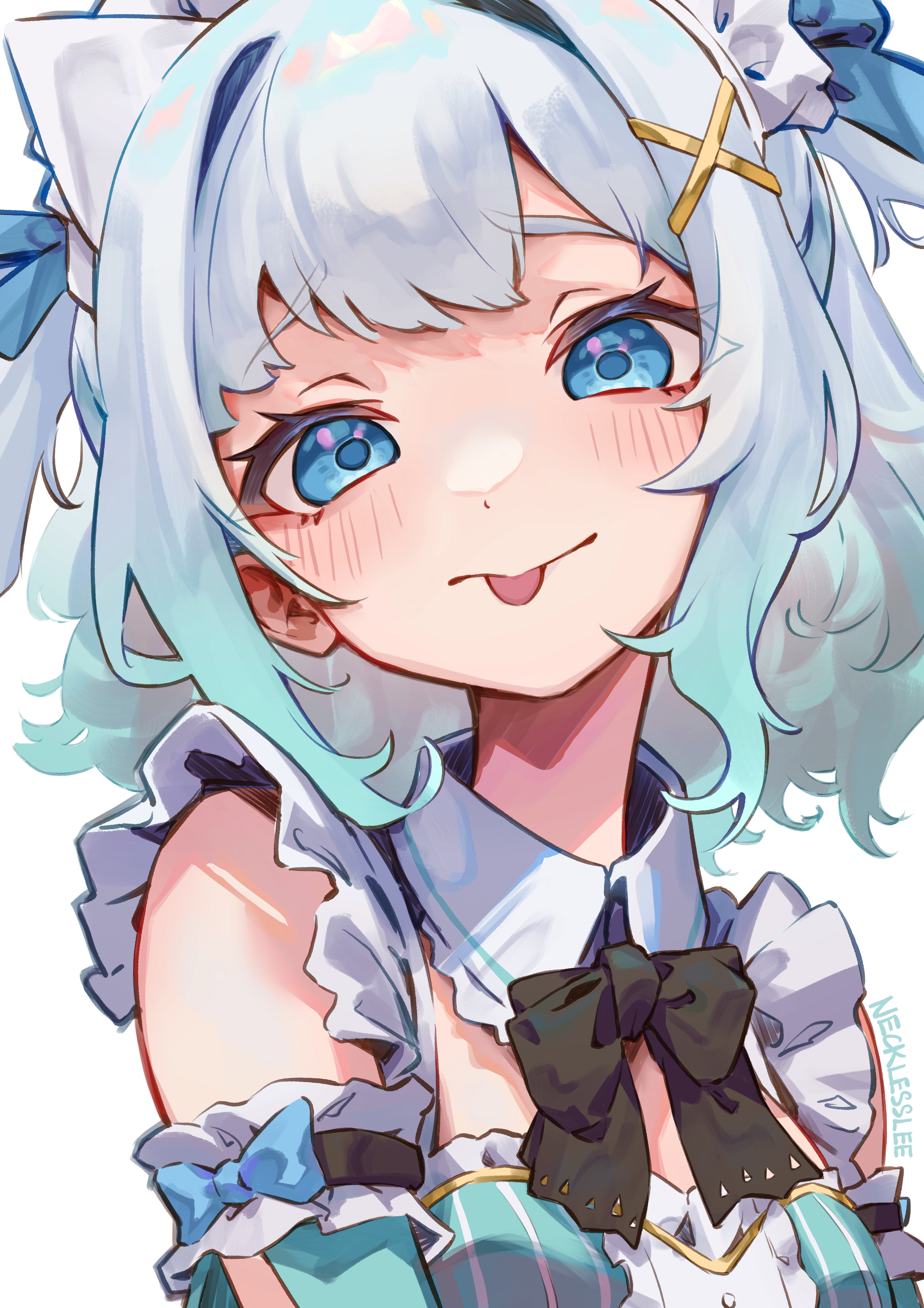 necklesslee, mint fantome, mint fantome (minto 2.0), indie virtual youtuber, absurdres, commentary, english commentary, highres, large variant set, variant set, 1girl, :p, artist name, black bow, black bowtie, blue eyes, blush, bow, bowtie, breasts, center frills, closed mouth, detached collar, detached sleeves, frills, gradient hair, green hair, green sleeves, hair intakes, hair ornament, looking at viewer, maid headdress, multicolored hair, small breasts, solo, tongue, tongue out, triangular headpiece, upper body, virtual youtuber, white hair, x hair ornament