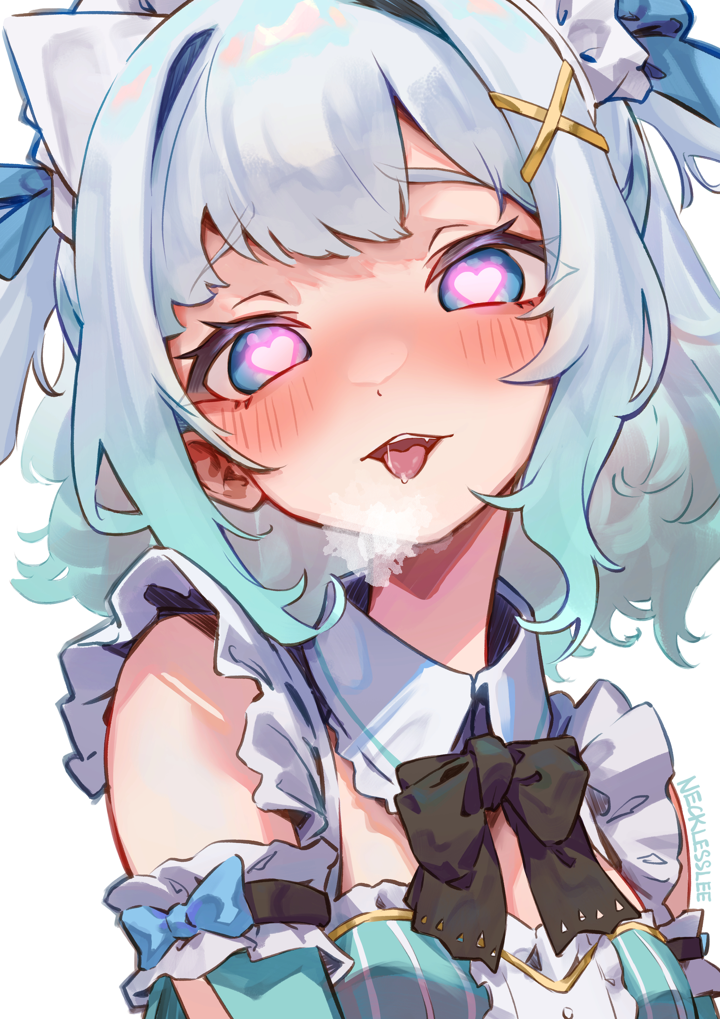 necklesslee, mint fantome, mint fantome (minto 2.0), indie virtual youtuber, absurdres, commentary, english commentary, highres, large variant set, variant set, 1girl, artist name, black bow, black bowtie, blue eyes, bow, bowtie, breasts, breath, center frills, detached collar, detached sleeves, frills, gradient hair, green hair, green sleeves, hair intakes, hair ornament, heart, heart-shaped pupils, looking at viewer, maid headdress, multicolored hair, open mouth, saliva, small breasts, solo, symbol-shaped pupils, tongue, triangular headpiece, upper body, virtual youtuber, white hair, x hair ornament