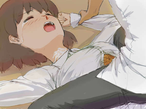 nopaaso (slg8igdvjy), 1girl, breasts, brown hair, closed eyes, cum, cum in clothes, cum on body, cum on clothes, cum through clothes, cumdrip, ejaculation under clothes, medium breasts, open mouth, paizuri, paizuri under clothes, penis, penis under another's clothes, rape, solo focus, tears, uncensored