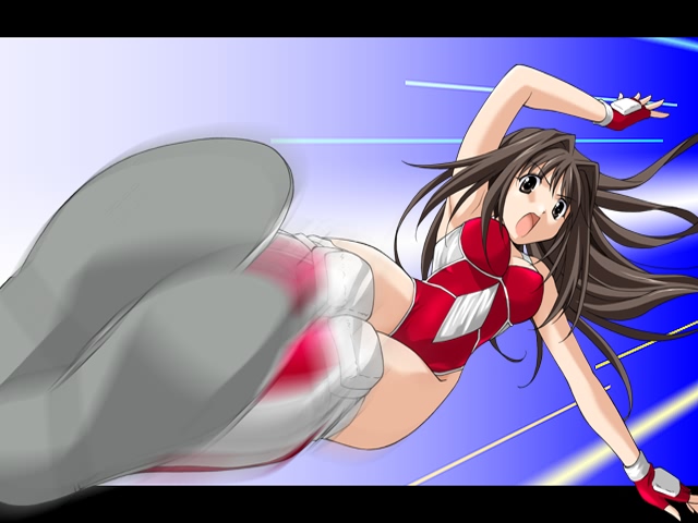 shirakawa shizuru, memories off, non-web source, 1girl, black hair, brown eyes, female focus, gloves, hair intakes, kicking, knee pads, leotard, letterboxed, long hair, red leotard, solo, wrestler
