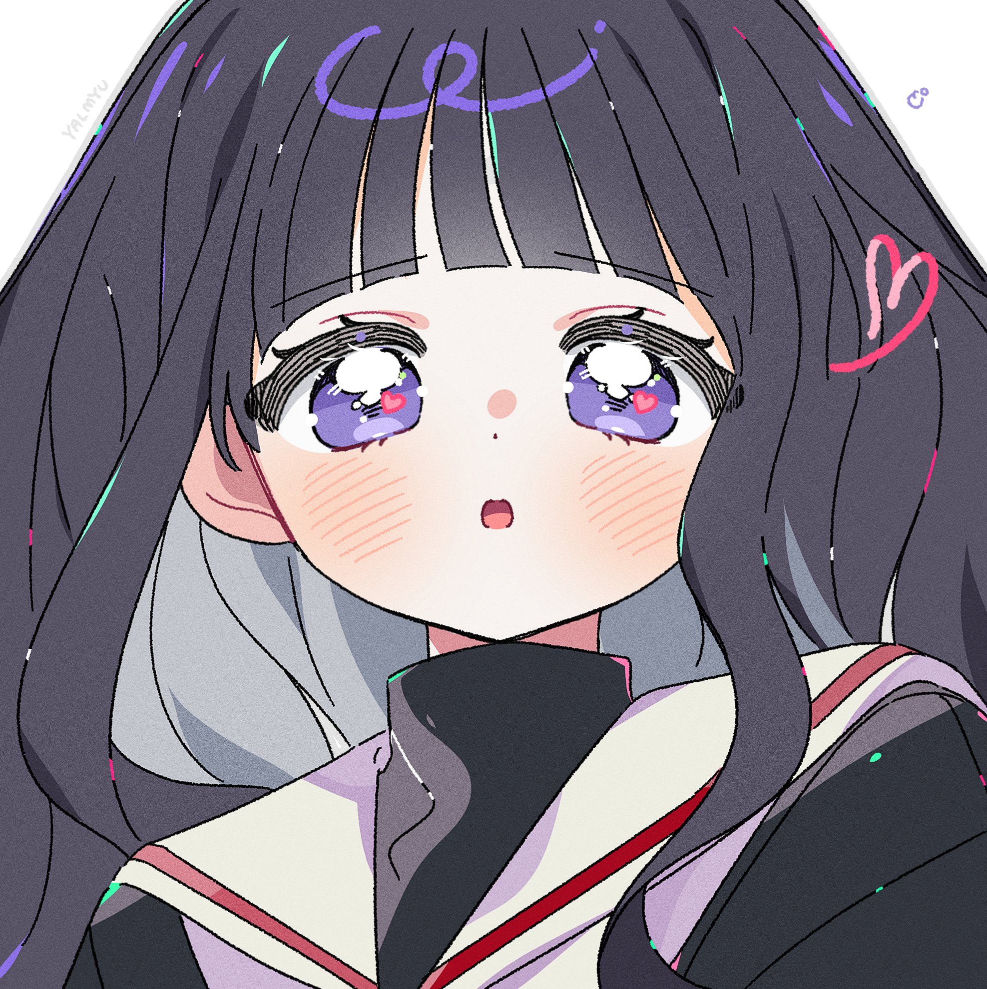 yalmyu, daidouji tomoyo, cardcaptor sakura, commentary, highres, symbol-only commentary, 1girl, black hair, black shirt, blunt bangs, blush, grey outline, long hair, looking at viewer, open mouth, outline, portrait, purple eyes, sailor collar, school uniform, serafuku, shirt, simple background, solo, turtleneck, turtleneck shirt, white background, white sailor collar