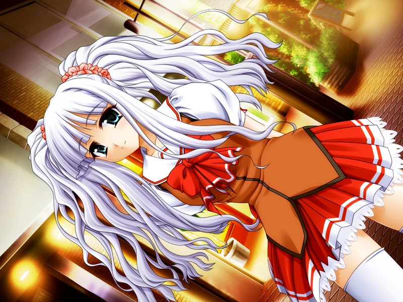 kounose akara, minase kotoka, colorfull!!, game cg, non-web source, 1girl, blue eyes, dutch angle, female focus, long hair, school uniform, solo, thighhighs, twintails, white hair
