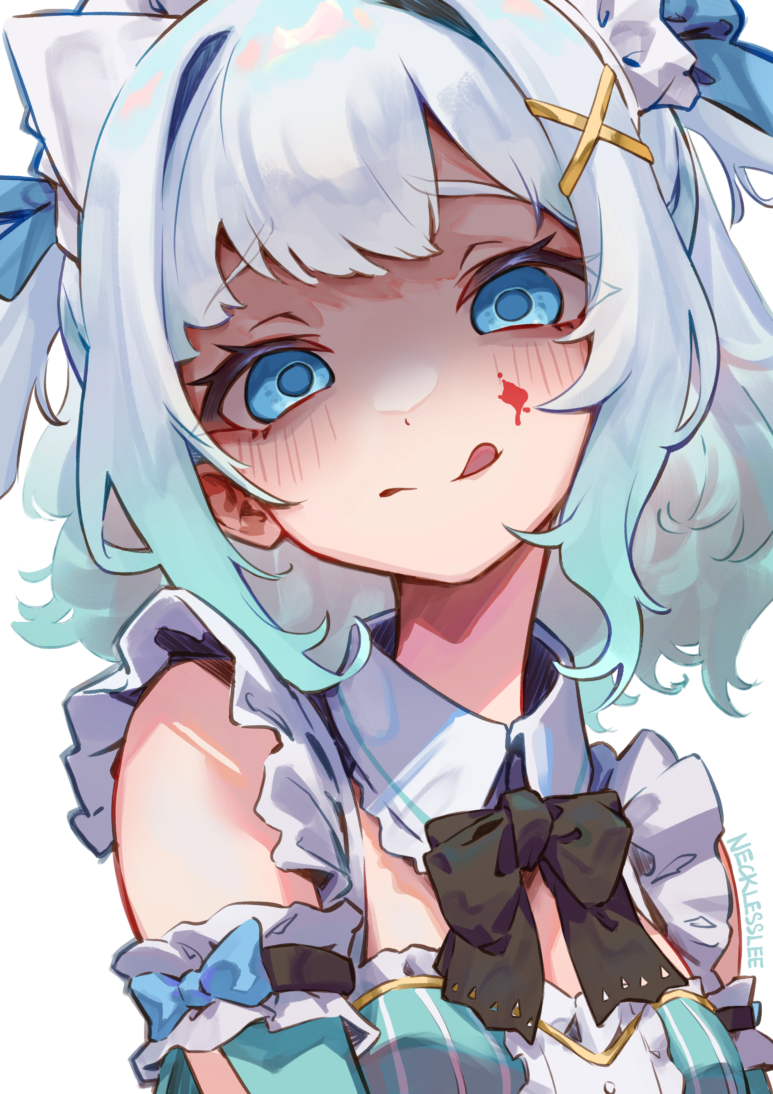 necklesslee, mint fantome, mint fantome (minto 2.0), indie virtual youtuber, absurdres, commentary, english commentary, highres, large variant set, variant set, 1girl, :q, artist name, black bow, black bowtie, blood, blood on face, blue eyes, bow, bowtie, breasts, center frills, closed mouth, detached collar, detached sleeves, empty eyes, frills, gradient hair, green hair, green sleeves, hair intakes, hair ornament, looking at viewer, maid headdress, multicolored hair, shaded face, small breasts, solo, tongue, tongue out, triangular headpiece, upper body, virtual youtuber, white hair, x hair ornament