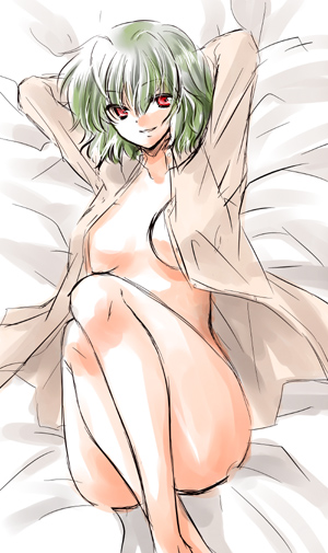 kokono coco, kazami yuuka, touhou, 1girl, arms up, bed, bed sheet, blouse, breasts, female focus, green hair, legs together, lying, naked shirt, open clothes, open shirt, red eyes, shirt, short hair, solo
