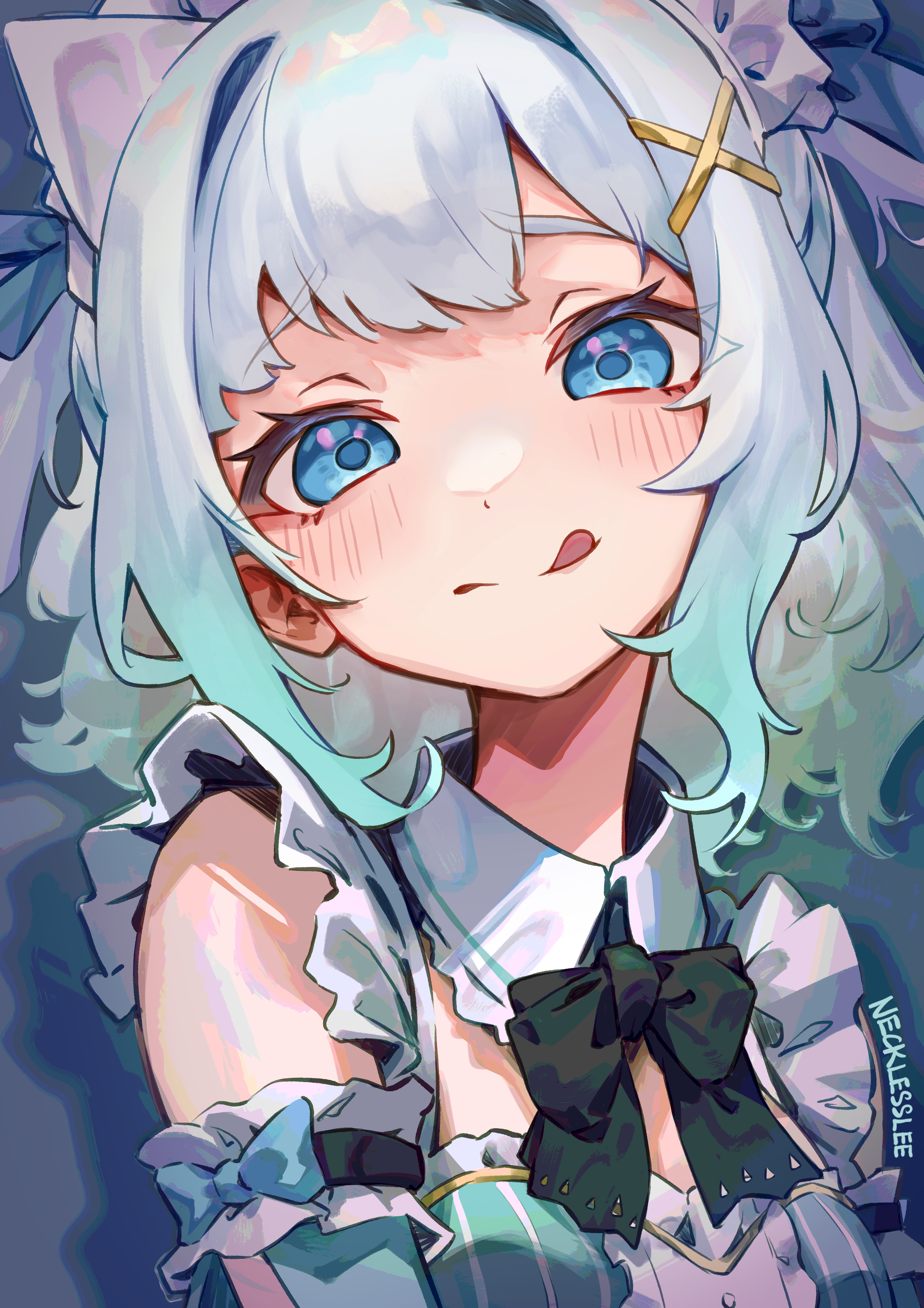 necklesslee, mint fantome, mint fantome (minto 2.0), indie virtual youtuber, absurdres, commentary, english commentary, highres, large variant set, variant set, 1girl, :q, artist name, black bow, black bowtie, blue eyes, blush, bow, bowtie, breasts, center frills, closed mouth, detached collar, detached sleeves, frills, gradient hair, green hair, green sleeves, hair intakes, hair ornament, looking at viewer, maid headdress, multicolored hair, small breasts, solo, tongue, tongue out, triangular headpiece, upper body, virtual youtuber, white hair, x hair ornament