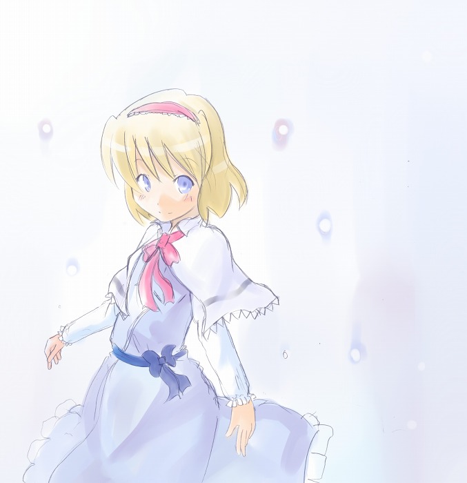 ogu, alice margatroid, touhou, 1girl, belt, blonde hair, blue dress, blue eyes, capelet, cowboy shot, dress, female focus, long sleeves, looking at viewer, short hair, simple background, solo, standing, white background