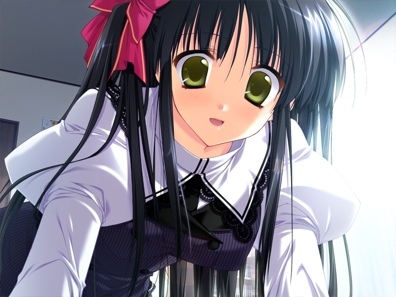 yuzuki saya, aster (game), game cg, non-web source, 1girl, all fours, black hair, dress, female focus, long hair, solo, yellow eyes