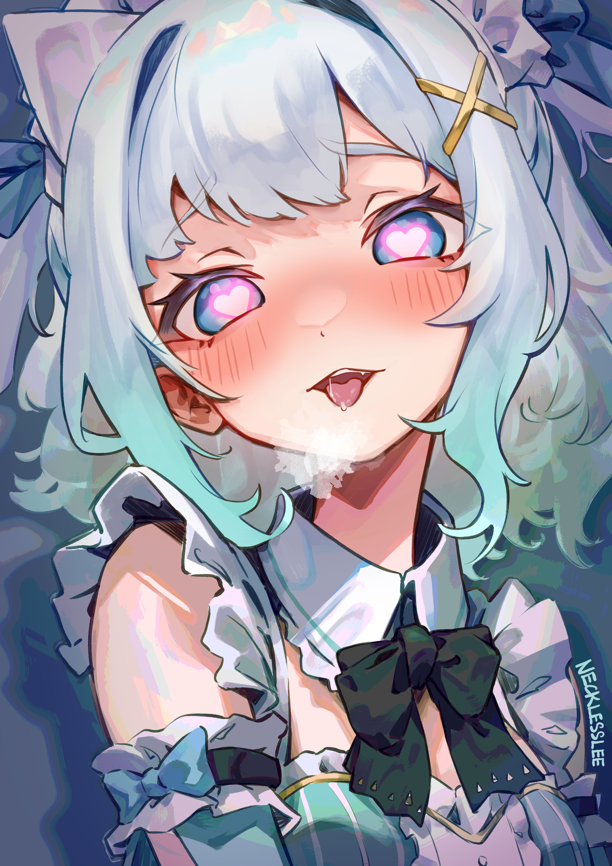necklesslee, mint fantome, mint fantome (minto 2.0), indie virtual youtuber, absurdres, commentary, english commentary, highres, large variant set, variant set, 1girl, artist name, black bow, black bowtie, blue eyes, blush, bow, bowtie, breasts, breath, center frills, detached collar, detached sleeves, frills, gradient hair, green hair, green sleeves, hair intakes, hair ornament, heart, heart-shaped pupils, looking at viewer, maid headdress, multicolored hair, open mouth, saliva, small breasts, solo, symbol-shaped pupils, tongue, tongue out, triangular headpiece, upper body, virtual youtuber, white hair, x hair ornament