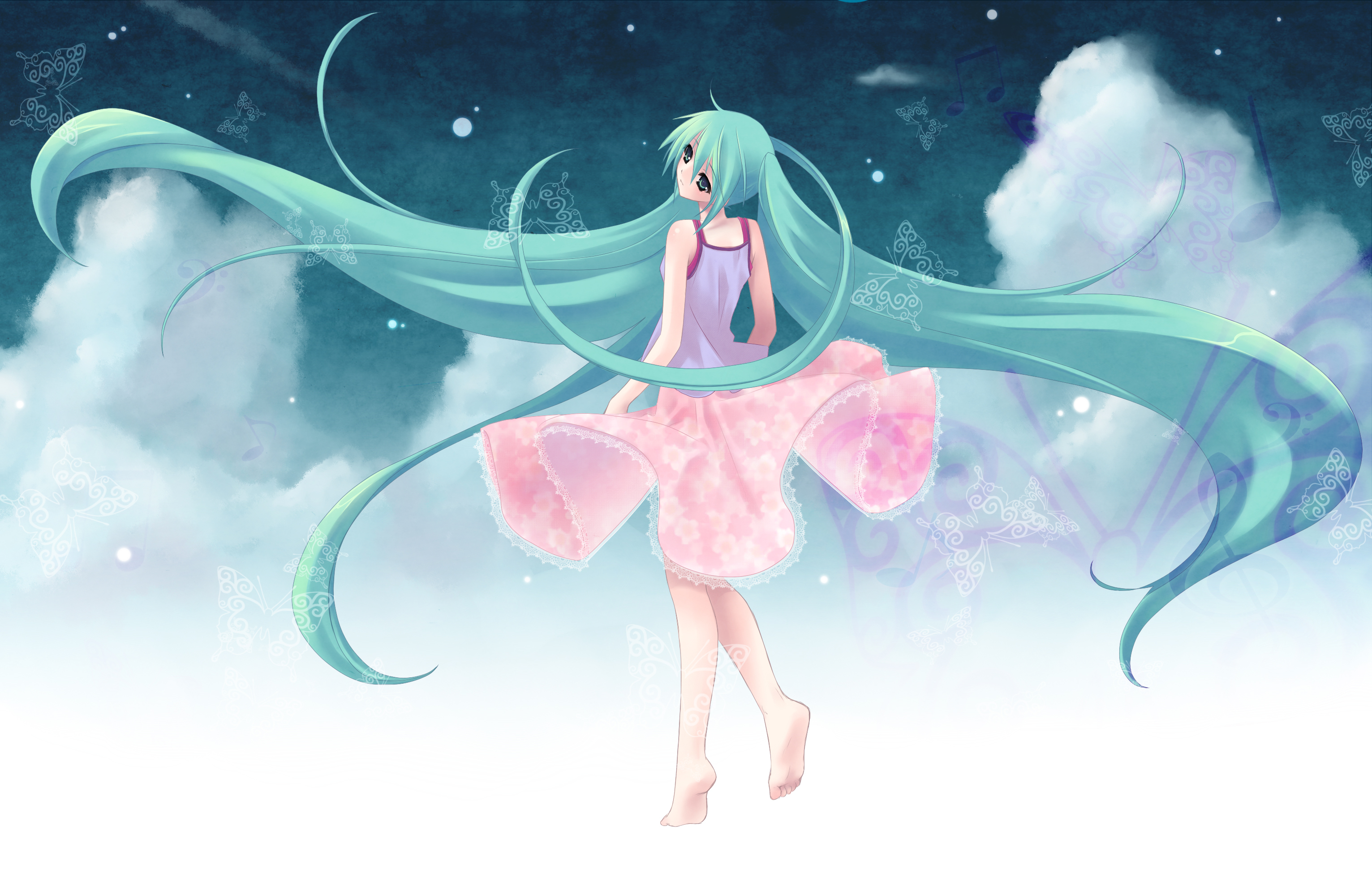 nana mikoto, hatsune miku, vocaloid, bad id, bad piapro id, highres, 1girl, aqua eyes, aqua hair, barefoot, bug, butterfly, feet, female focus, from behind, insect, long hair, looking back, skirt, soles, solo, toes, twintails, very long hair