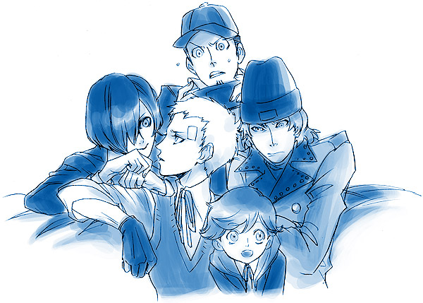 fujico, amada ken, aragaki shinjirou, iori junpei, sanada akihiko, yuuki makoto (persona 3), atlus, persona, persona 3, 5boys, beanie, blue theme, child, coat, hair over one eye, hat, male focus, monochrome, multiple boys, school uniform, simple background, sweatdrop, trench coat