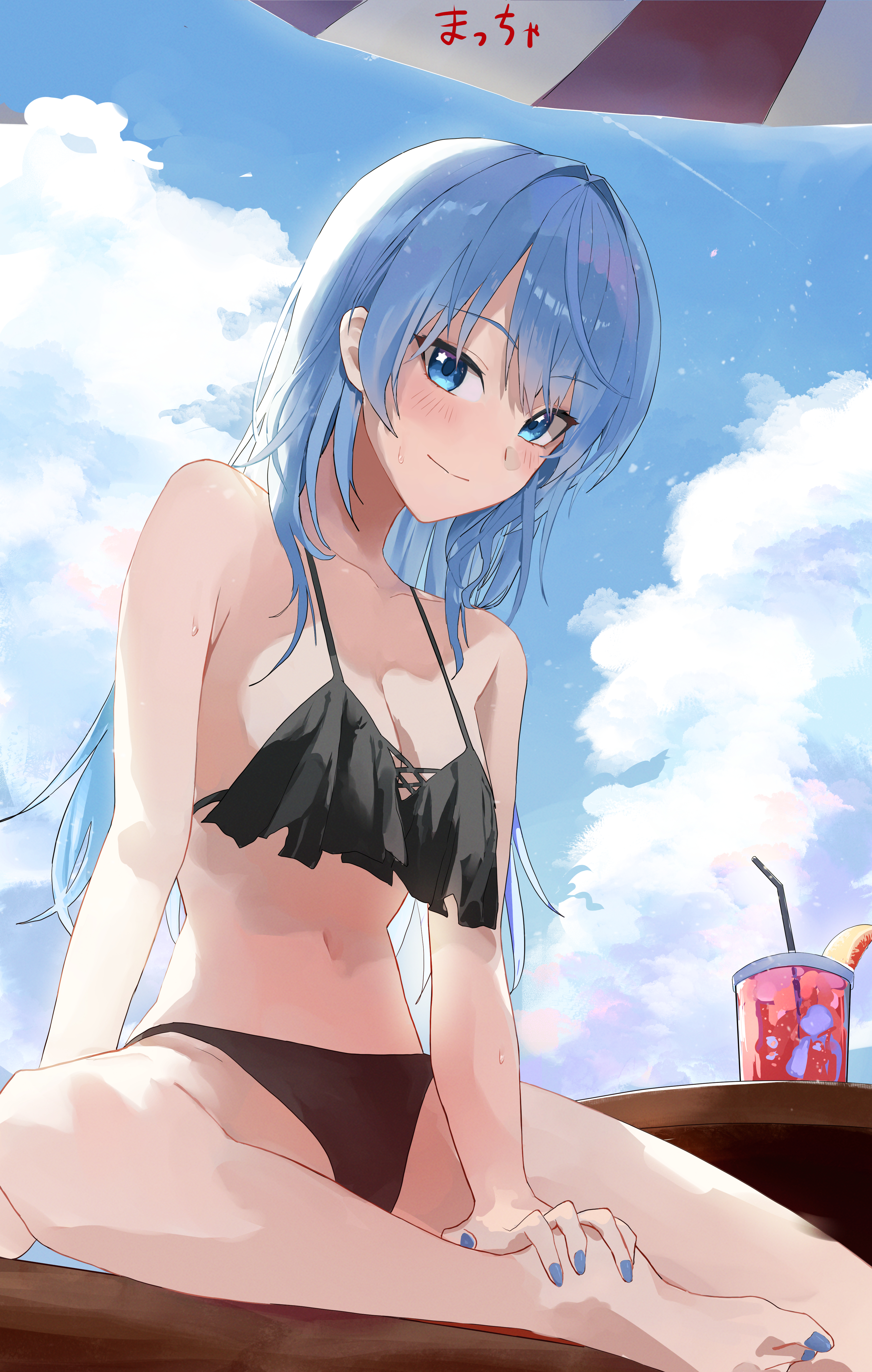 matcha (matttttya1), hoshimachi suisei, hololive, absurdres, commentary request, highres, 1girl, barefoot, bikini, black bikini, blue eyes, blue hair, blue nails, blue sky, breasts, cleavage, cloud, cumulonimbus cloud, drink, drinking straw, feet, frilled bikini, frills, hand on own foot, ice, ice cube, long hair, looking at viewer, medium breasts, nail polish, navel, sitting, sky, solo, star (symbol), star in eye, swimsuit, symbol in eye, umbrella, virtual youtuber