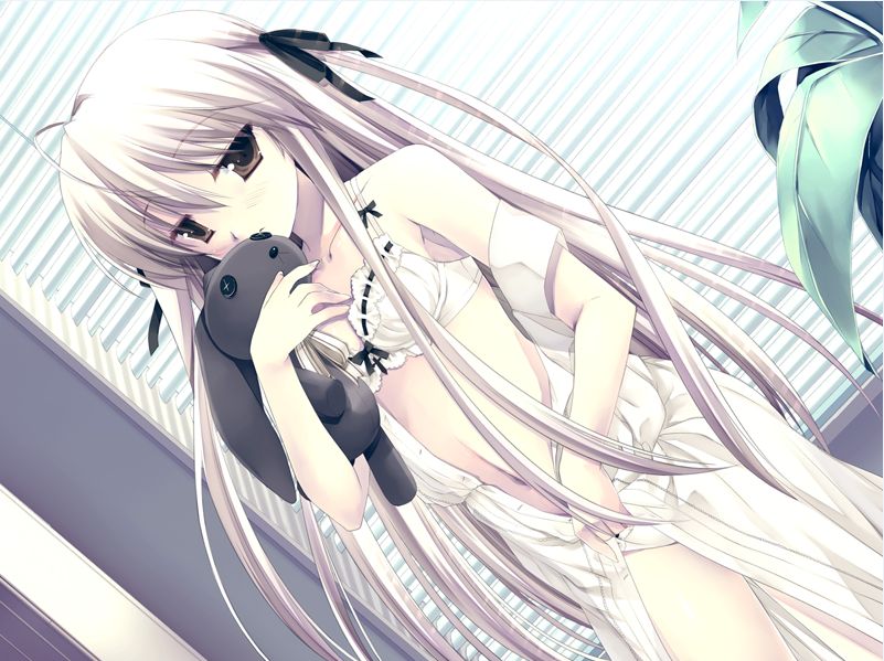 miyasu risa, kasugano sora, yosuga no sora, 1girl, bra, brown eyes, dress, female focus, hand in panties, lingerie, long hair, matching underwear, panties, rabbit, ribbon, ribbon-trimmed bra, ribbon trim, solo, stuffed animal, stuffed rabbit, stuffed toy, twintails, underwear, undressing, very long hair, white hair