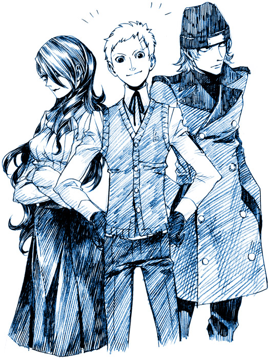 fujico, aragaki shinjirou, kirijou mitsuru, sanada akihiko, atlus, persona, persona 3, 1girl, 2boys, blue theme, coat, crossed arms, curly hair, friends, hair over one eye, hands in pockets, hands on own hips, long hair, looking at viewer, looking to the side, monochrome, multiple boys, pants, ribbon, school uniform, short hair, sketch, smile, sweater vest