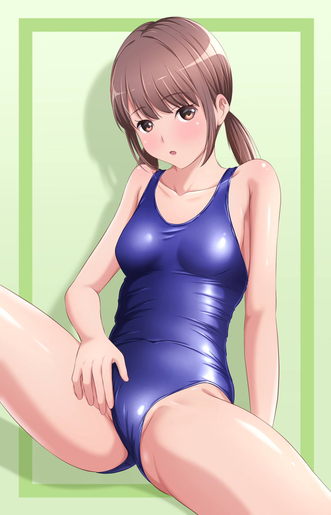 original, highres, 1girl, akippoi 0919, blue one-piece swimsuit, breasts, brown eyes, brown hair, crotch focus, green background, low twintails, medium hair, one-piece swimsuit, school swimsuit, small breasts, solo, spread legs, swimsuit, twintails, wide spread legs