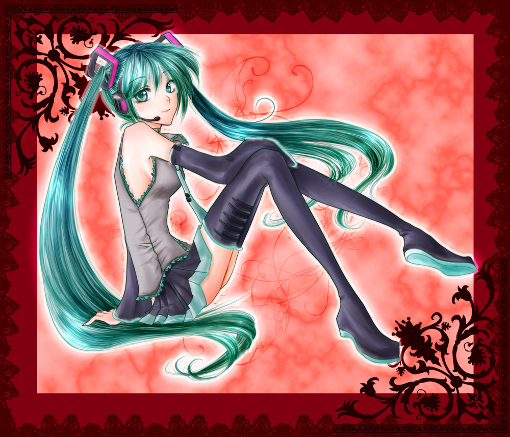 hatsune miku, vocaloid, aqua eyes, aqua hair, detached sleeves, headset, long hair, necktie, skirt, solo, thighhighs, twintails, very long hair