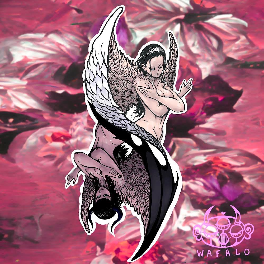 wafalo, demonio fleur, nico robin, one piece, commentary, 1girl, blunt bangs, closed mouth, crossed arms, flower, greyscale, hair slicked back, horns, long hair, monochrome, sidelocks, smile, watermark, wings