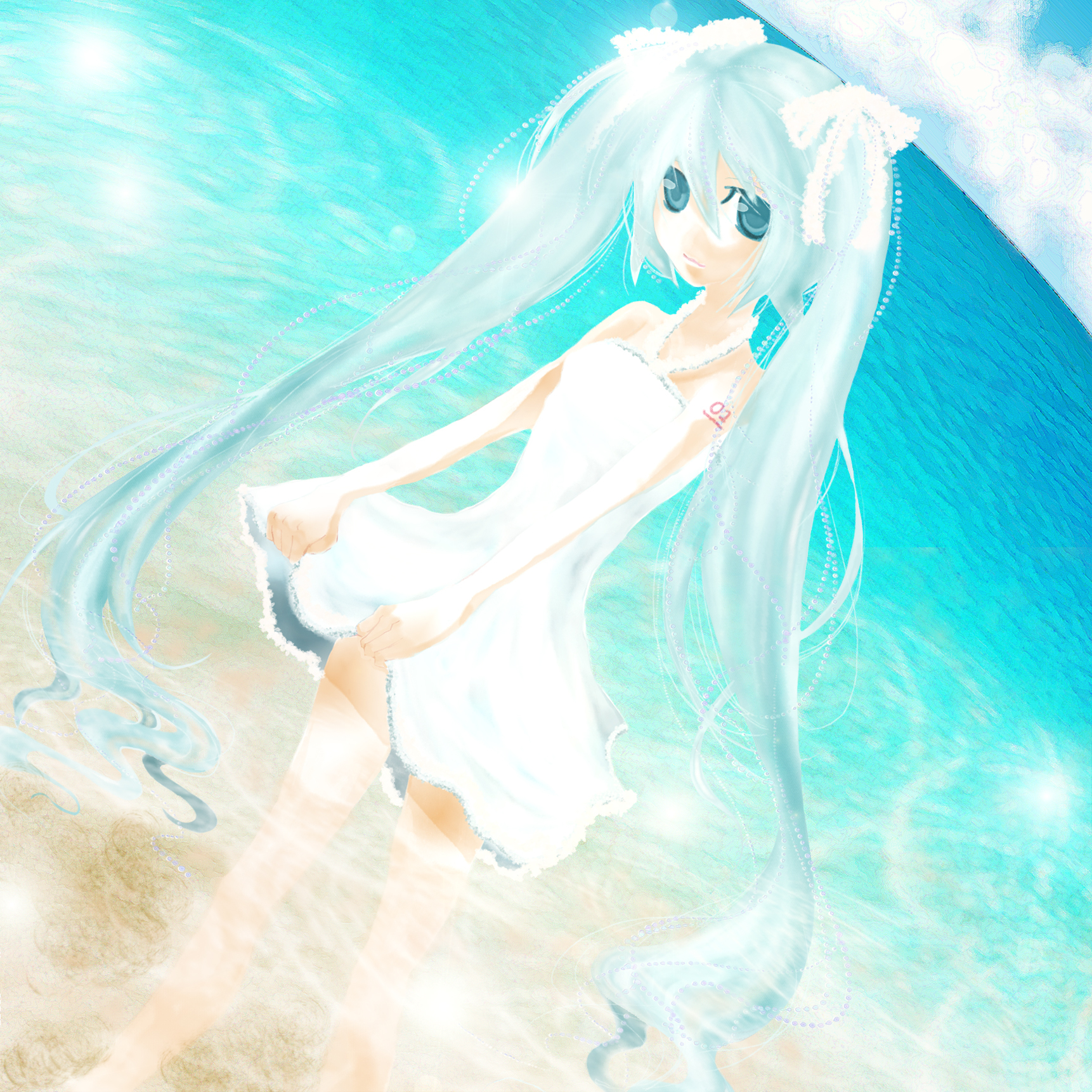 kyou (asatsune0907), hatsune miku, vocaloid, highres, aqua eyes, aqua hair, cloud, day, dress, hair ribbon, long hair, ribbon, sand, solo, twintails, very long hair, water