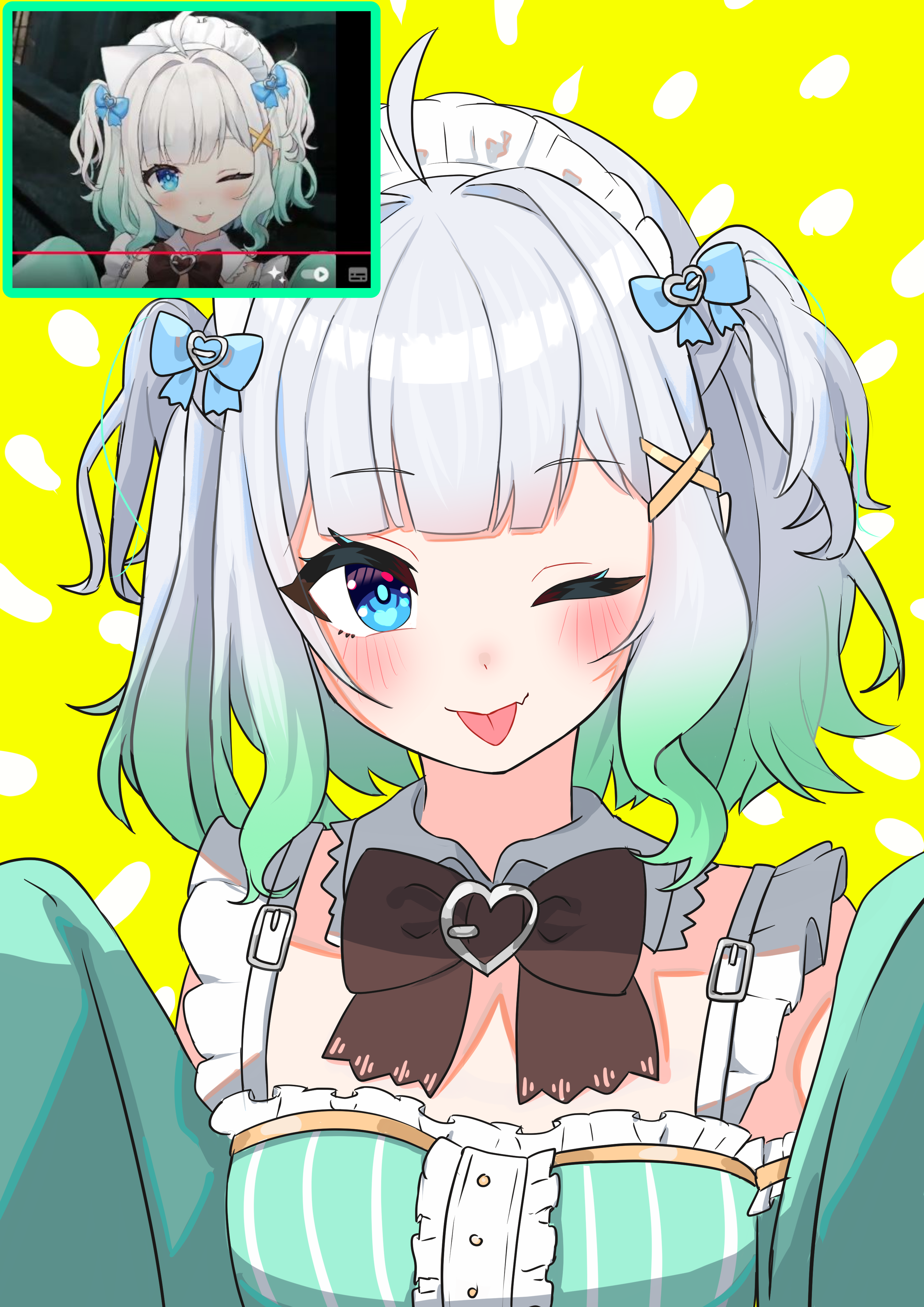 kroble, mint fantome, mint fantome (minto 2.0), indie virtual youtuber, absurdres, commentary, english commentary, highres, 1girl, ;p, ahoge, black bow, black bowtie, blue eyes, blush, bow, bowtie, breasts, center frills, closed mouth, detached collar, fang, fang out, frills, green hair, green sleeves, hair ornament, maid headdress, medium breasts, one eye closed, reference inset, short hair, skin fang, solo, tongue, tongue out, two side up, upper body, virtual youtuber, white hair, x hair ornament, yellow background