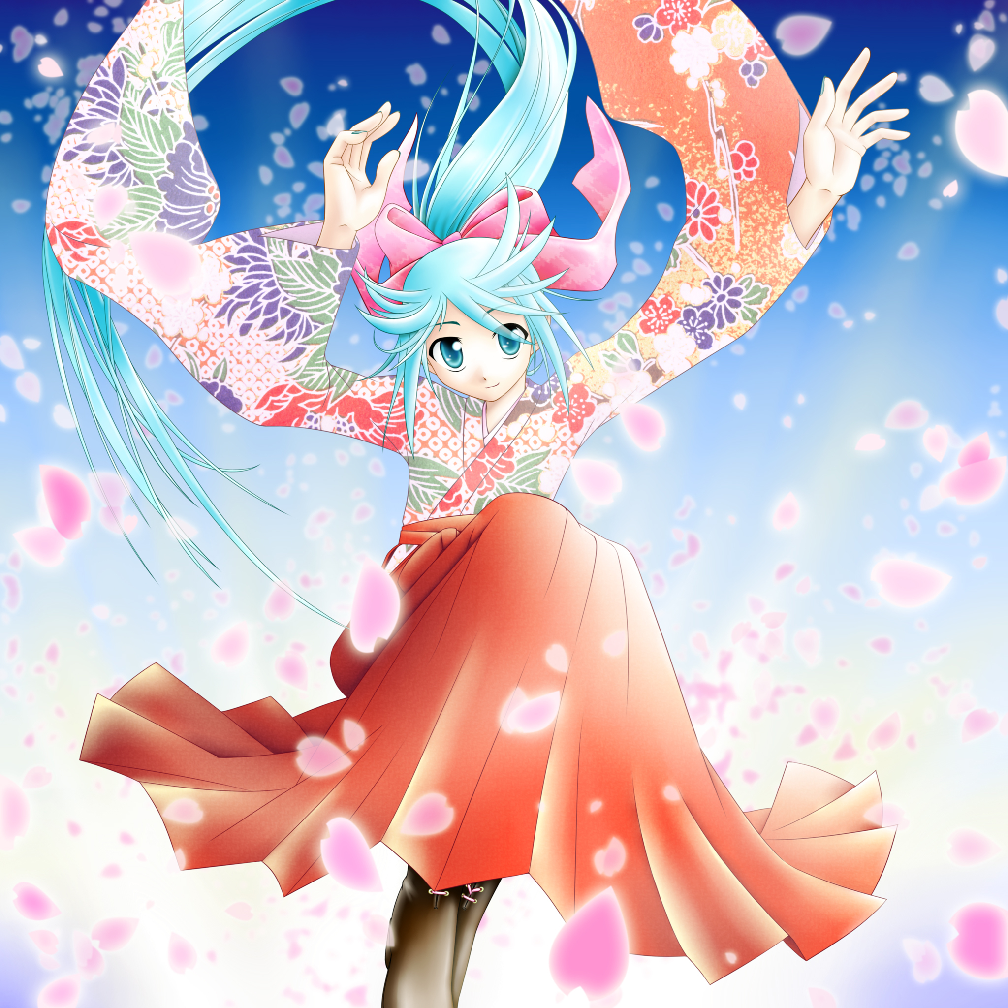hatsune miku, vocaloid, highres, 1girl, blue eyes, blue hair, boots, cherry blossoms, female focus, hakama, hakama skirt, japanese clothes, long hair, matching hair/eyes, ponytail, skirt, solo